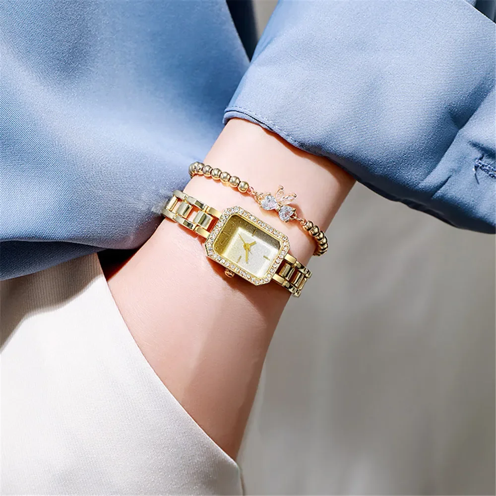 

Luxury Ladies Brand Watches Fashion Dresses Square Crystal Minimalist Design Women Quartz Watch Stainless Steel Skeleton Clock