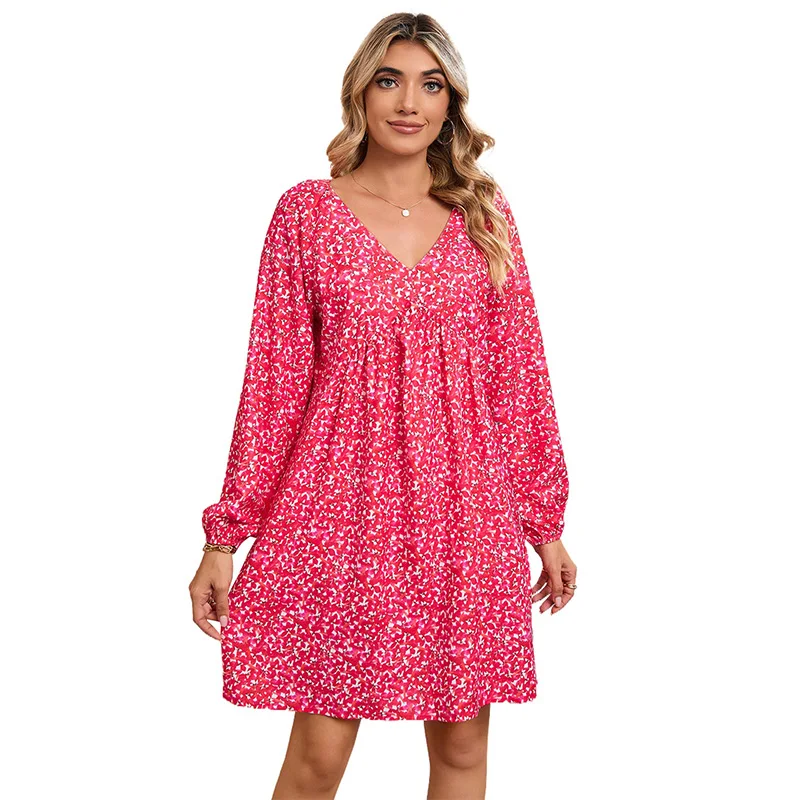 

Women Dress Spring V Neck Fashionable Long Puff Sleeve Floral Print Loose Pullover Lady Clothes Casual Office Wear Lady Apparel