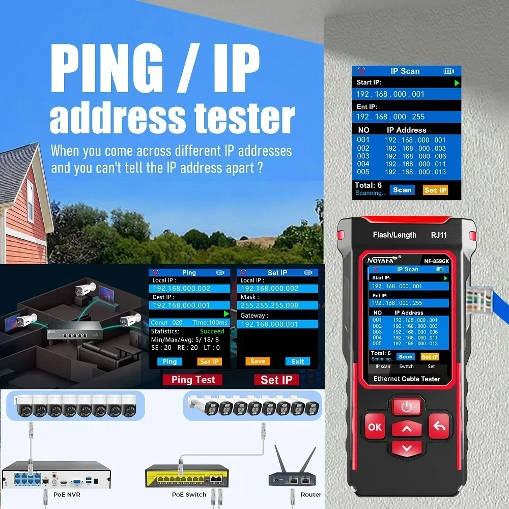 NF-859GK Network Tester Line Finder with Red Light Single Head Crimping Length Breakpoint IP Scanning PING Charging Type for est