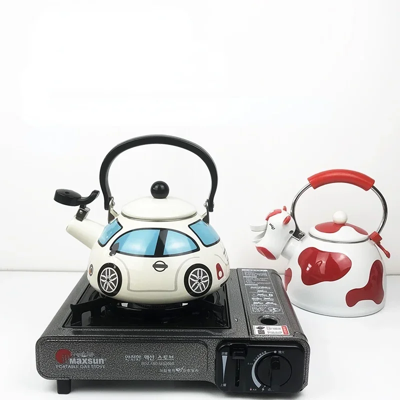

Мультяшный чайник со свистком из нержавеющей стали: цветная эмалированная газовая и огнеупорная индукционная плита, совместимая с кофейником