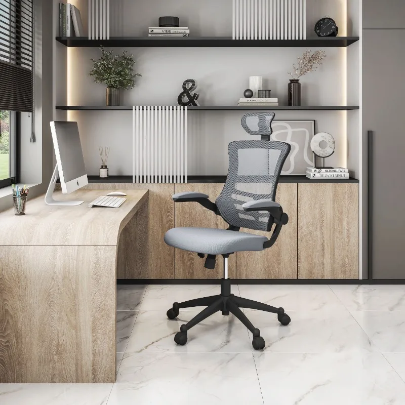 

Modern High-Back Mesh Executive Chair with Flip-up Arms, Silver Grey