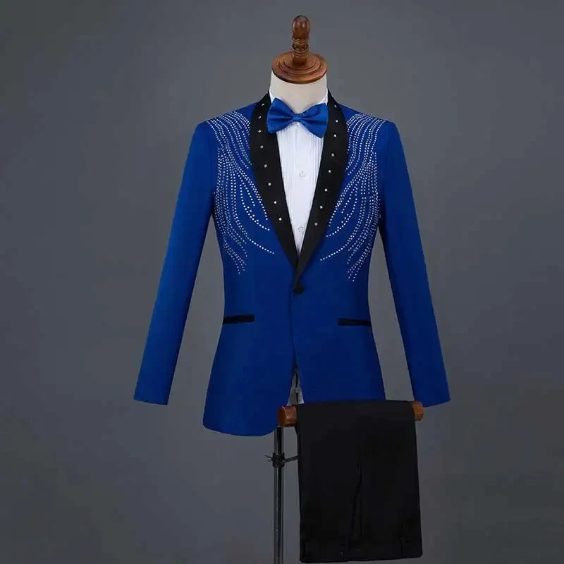 Fashion Crystal Patchwork Men Suit 2 Piece White Red Shawl Collar One Button Costume Homme Wedding Party Tuxedo Blazer Pants Set
