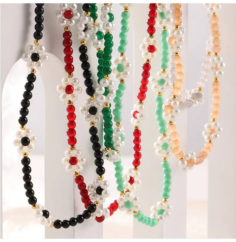 Bunte Naturstein-Perlenkette Damenmode Edelstahl Imitationsperlen-Anhänger Halskette Böhmischer Sommerschmuck – Detail 10