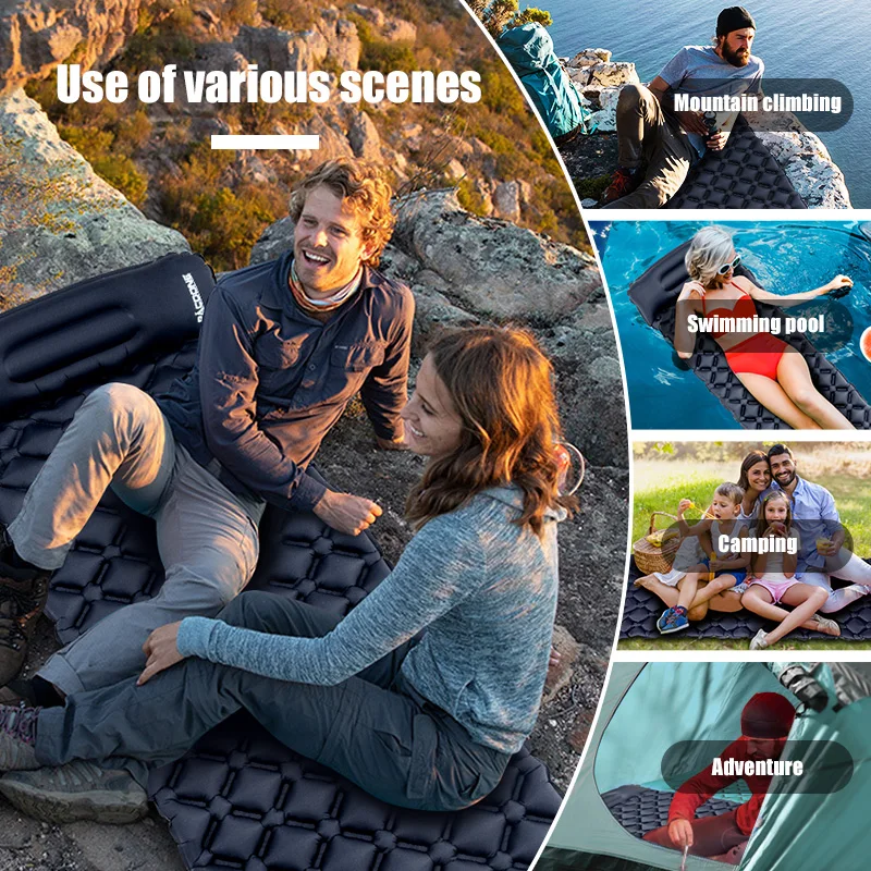 PACOONE Outdoor Camping Sleeping Pad Inflatable Mattress with Pillows Ultralight Air Mat Built-in Inflator Pump Travel Hiking