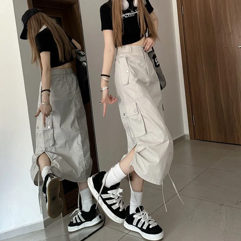Lucyever Y2K Drawstring Parachute Skirts Women High Street Side Split Cargo Long Skirt Female Casual Multiple Pocket