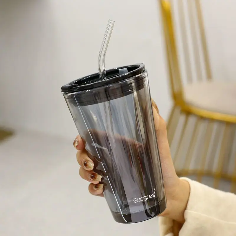 350/450ml Coffee Straw Cup With Lid Heat-Resistant Water Bottle Beer  Drinkware Coffee Mug With Straw Deer Printed Leather Glass - AliExpress