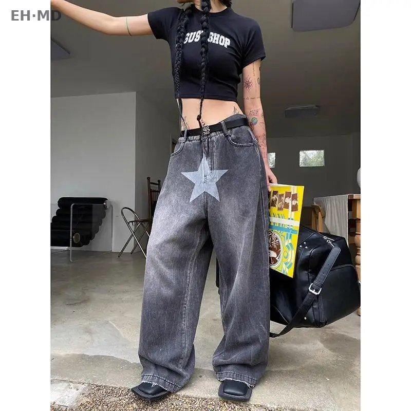 Star Print High Waisted Jeans Woman Street Vintage Washed Old Baggy Ladies Cotton Clothing Casual Wide Leg Denim Pants Flare 024