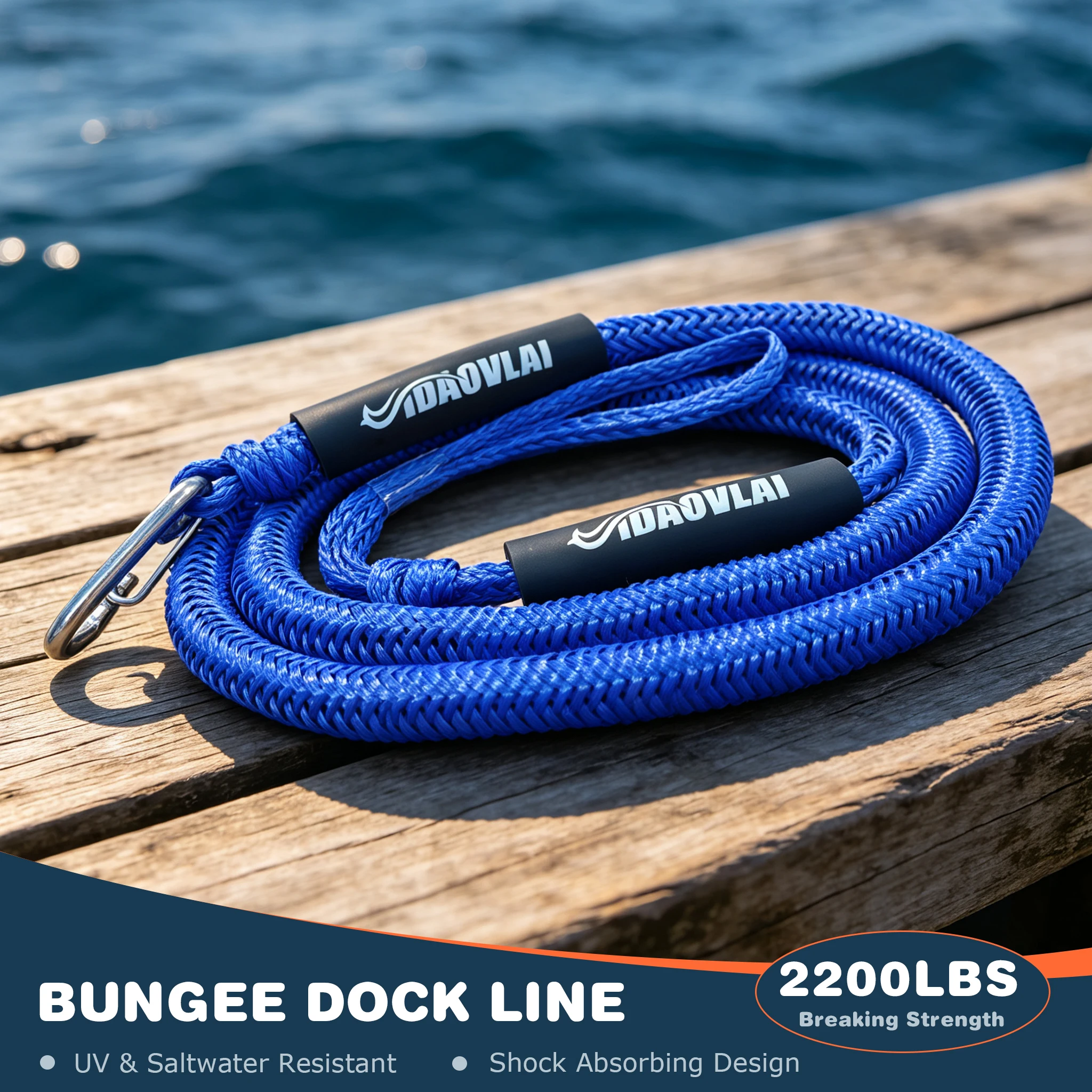 Durable Blue Bungee Dock Line – Heavy Duty, Stretchable Boat Rope with Hook/Loop Accessories