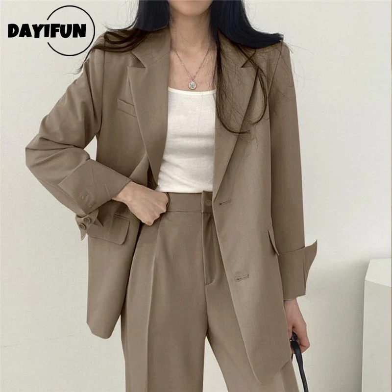 DAYIFUN-Chic Long Sleeve Blazers for Women Suits Coats and High Waist Pants Sets Office Lady Buttons Loose Blazer or Trousers