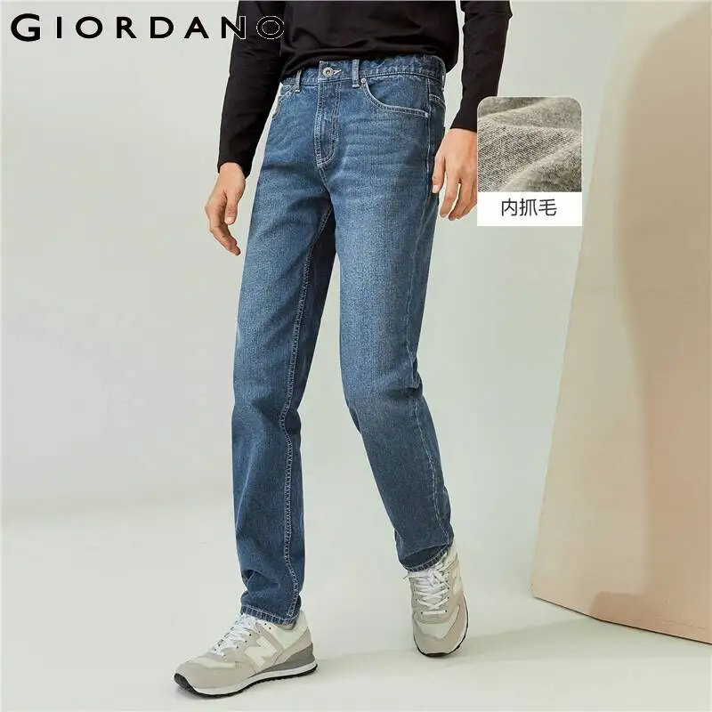 

Джинсы GIORDANO мужские с флисовой подкладкой, классические эластичные брюки из денима, модные повседневные джинсы с манжетами и пятью карманами, 01112747