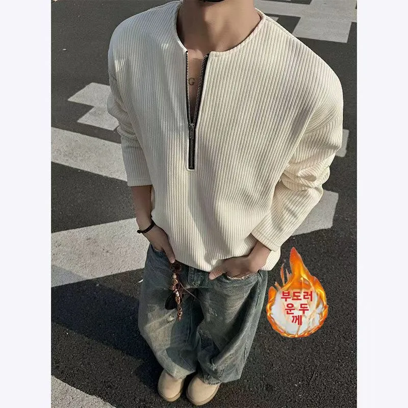 2025년 봄 남성용 긴팔 티셔츠 하프 지퍼 루즈핏 베이스 셔츠 이너웨어 텍스처드 레이어링 고급 폴리에스터 소재