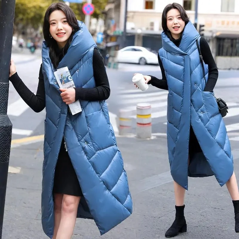 

AutumnWinter New Korean Hooded Down Cotton Vest Women Long Loose Casual Sleeveless Warm Waistcoat Female Parkas Jacket Tops Lady