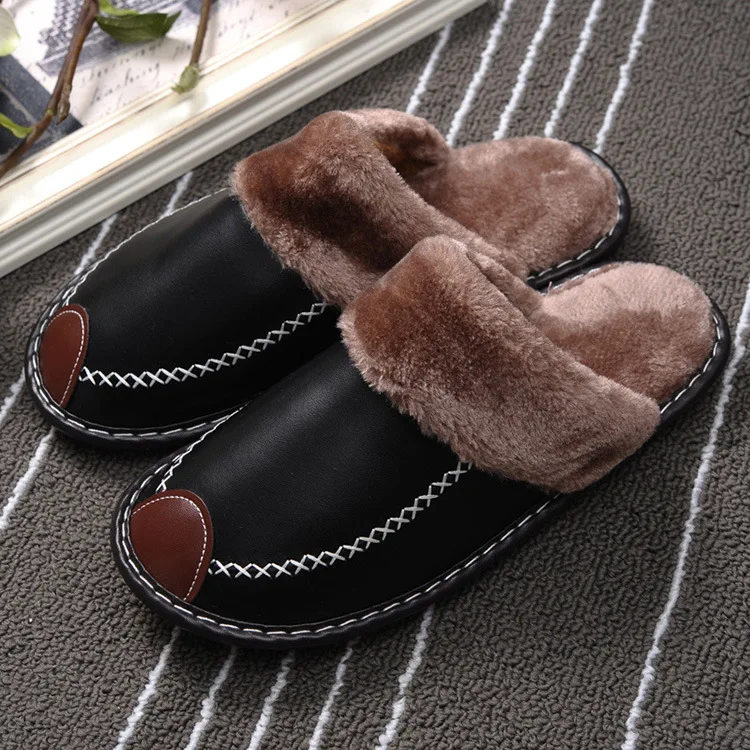 

Men Slippers Black New Winter PU Leather Slippers Warm Indoor Slipper Waterproof Home House Shoes Women Warm Leather Slippers