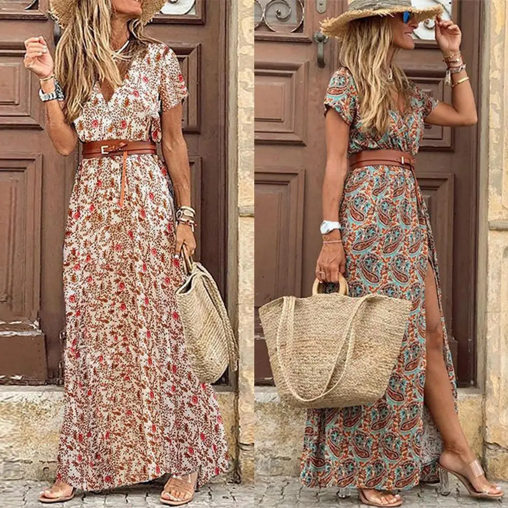 Summer Boho Long Dress Women Fashion V Neck Short Sleeve Paisley Print Maxi Dresses Elegant Belt Large Hem Beach Vestidos |