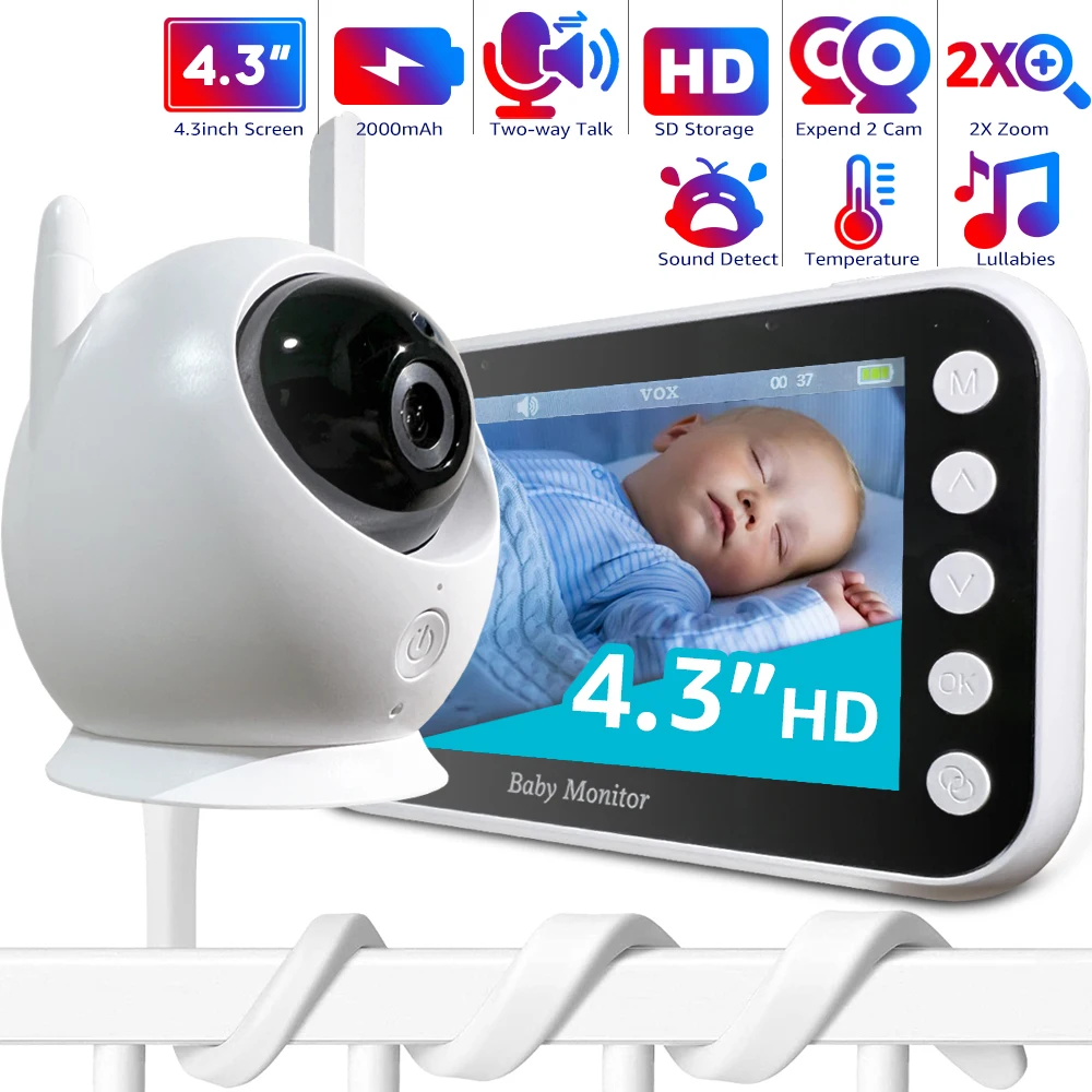 Baby Monitor with 2 Camera and Audio 4.3 LCD Split Screen 1000ft Range  Rechargeable Battery 2-Way Audio Baby Crying Detection Night Vision