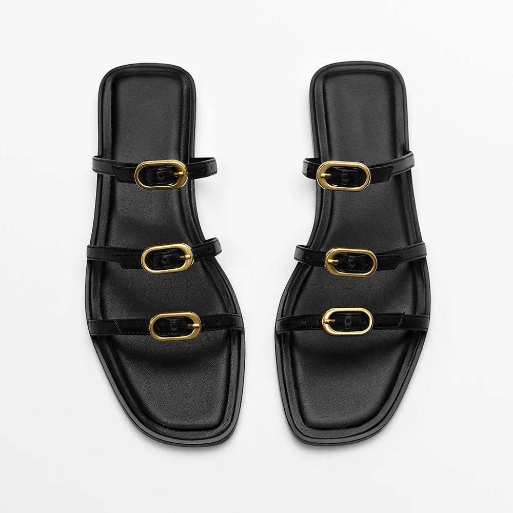 

MOOQDAAX 2023 Spring Summer New Women's Shoes Black Metal Buckle Decorative Three Belt Design Genuine Leather Flat Sandals