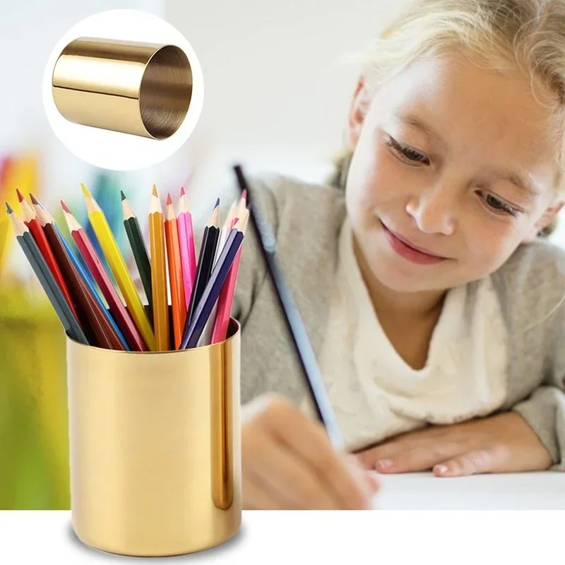 1Pcs Multifunction Brass Gold Round Vase Pen Holder Metal Penholder Pencil  Office Decoration Desk Accessories 4