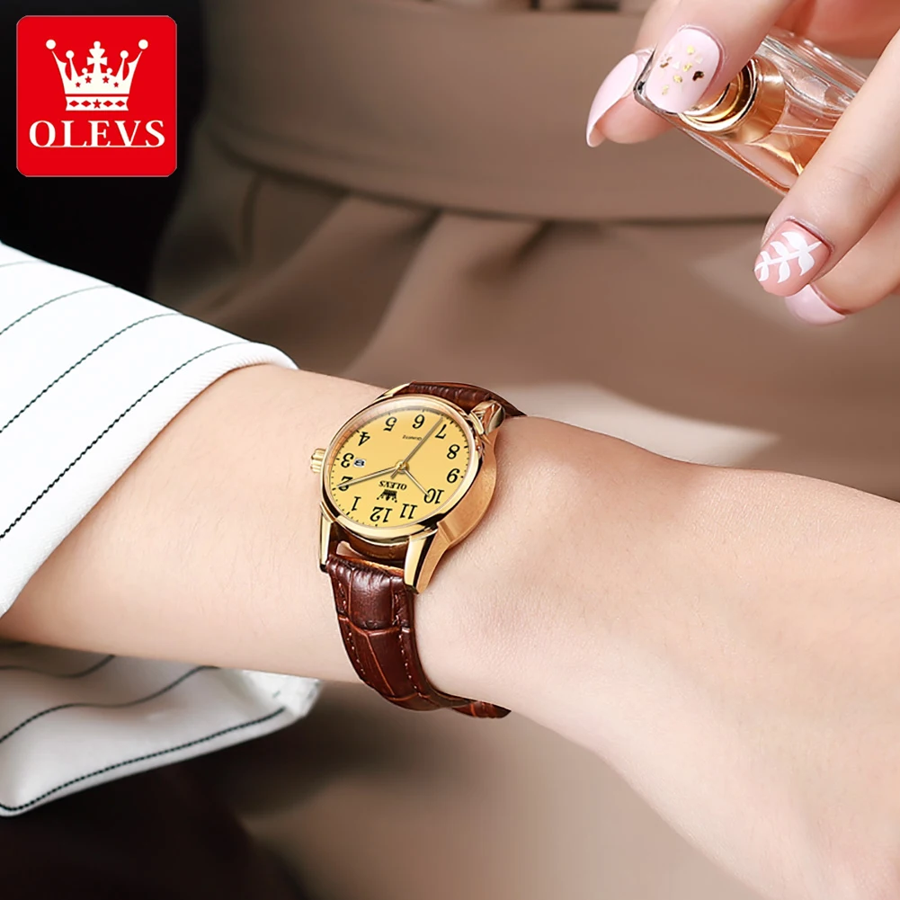 OLEVS 5566 Fashion Business Golden Watch for Women Luxury Brand Leather Strap Waterproof Ladies Quartz Wristwatch Woman Clock