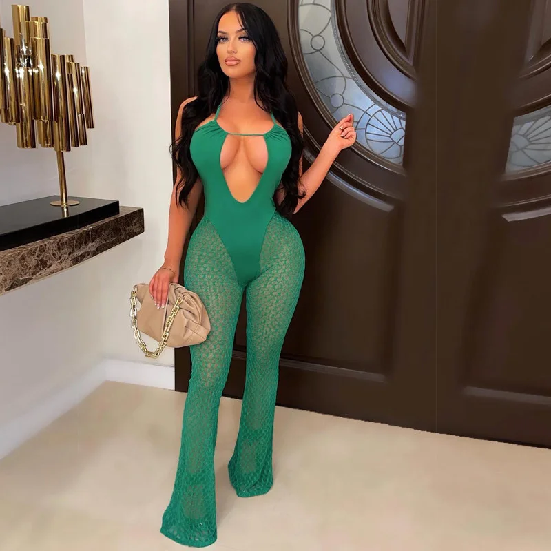 

WUHE Mesh Patchwork Sleeveless Halter Neck Cut Out Front Sexy Party Beach Jumpsuit Women 2023 Sexy Party Playsuit