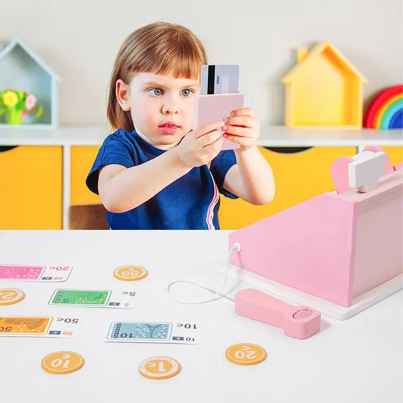 Wood Toy Cash Register Pretend Play Money Counting Toys Cash Register Play Money Strong Cashier Toy With Scanner And Credit Card 2