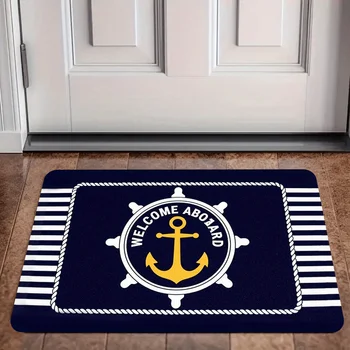 Tappeto per tappetino di benvenuto con ancoraggio nautico, imbottitura in spugna di pile assorbente antiscivolo dal design a strisce, lavabile in lavatrice per la decorazione domestica