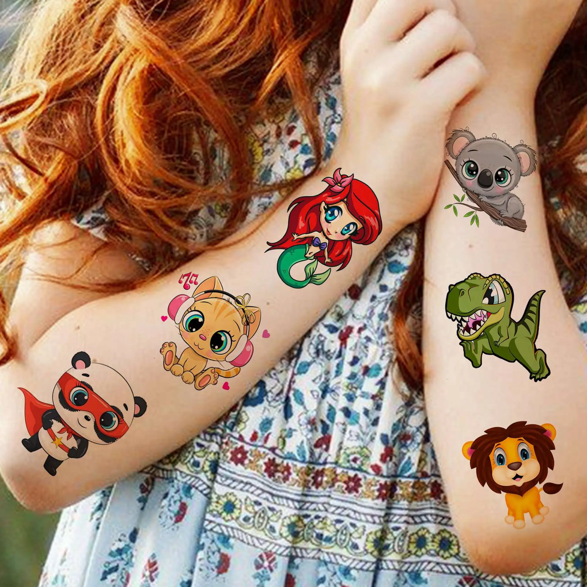 50 PCS 3D Cute Animals Temporary Tattoos For Men Women, Cartoon Animals Lion Dog Cat ZOO Fake Tattoo Sticker Kids Birthday Gifts 4
