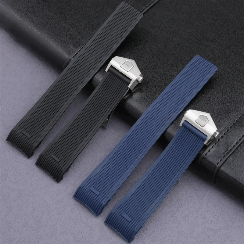 

21mm 22mm Thin Bent End Watch Belt Soft Waterproof Stripe Silicone Watchband Fit For TAG Strap For Heuer Bracelet Folding Buckle