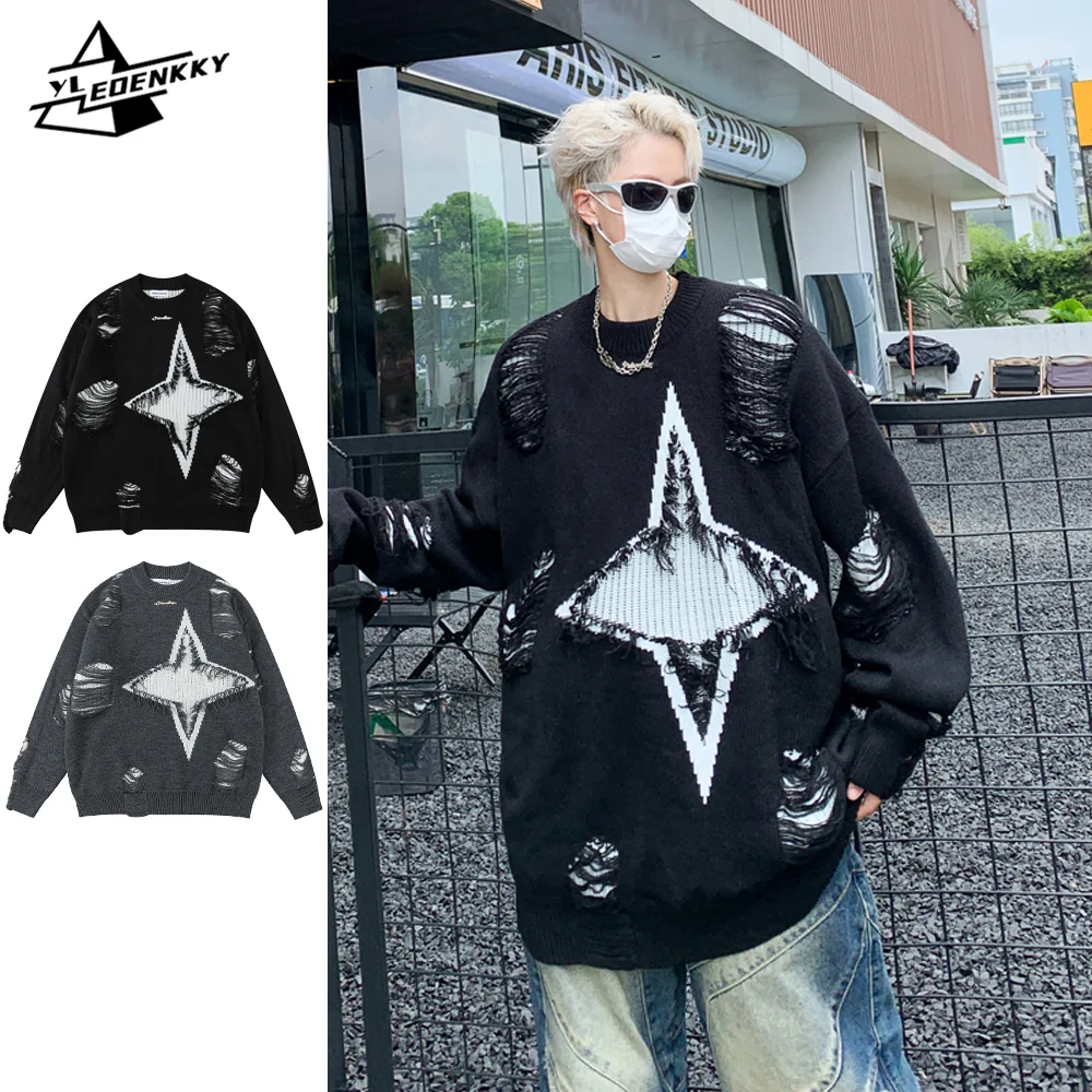 

Hip Hop Ripped Sweater Men Women Destruction Style Crewneck Knitwear High Street Loose Thickened Jumpers Winter Warm Coat Unisex