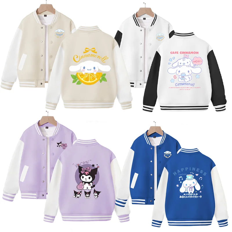 

Kawaii Sanrio Cinnamoroll Kuromi Boys Girl Spring Autumn Baseball Varsity Jacket Kid Casual Clothing Loose Baseball Uniform Coat
