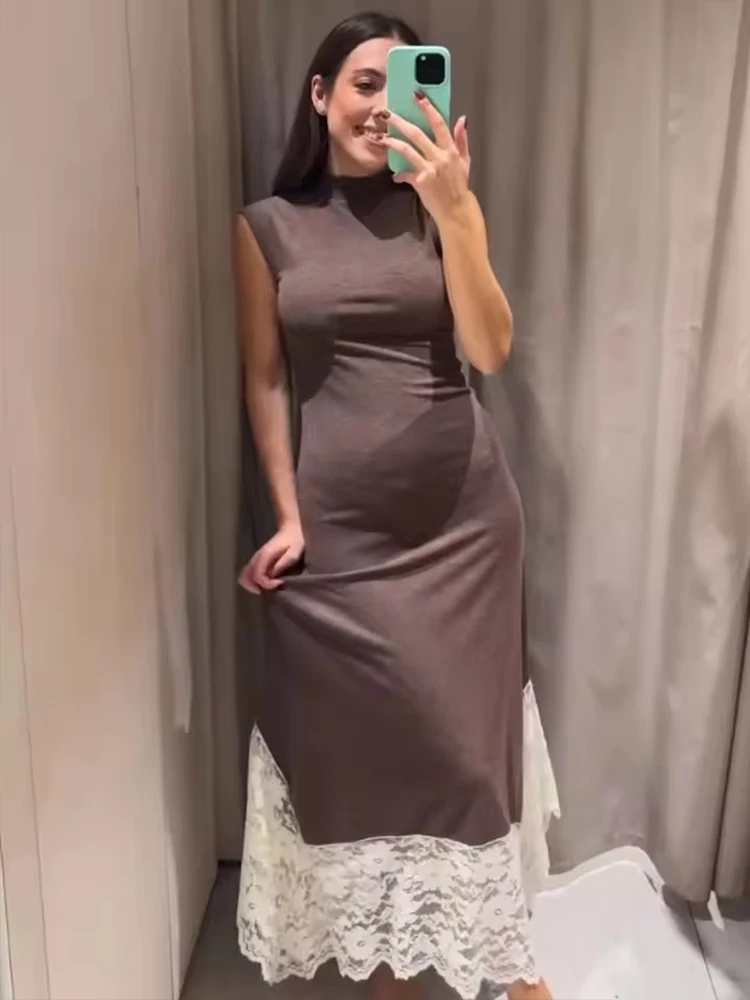 Women Fashion Lace Splicing Dress Slim Elegant Long Dresses for Women 2025 New Chic  Daily Holiday Party Dresses ﻿