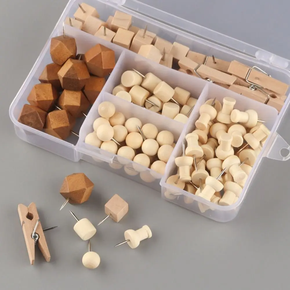 128Pcs 창의적인 나무 푸시핀 DIY 재사용 가능한 기하학적 모양 푸시핀 상자 포함 다기능 장 스터드