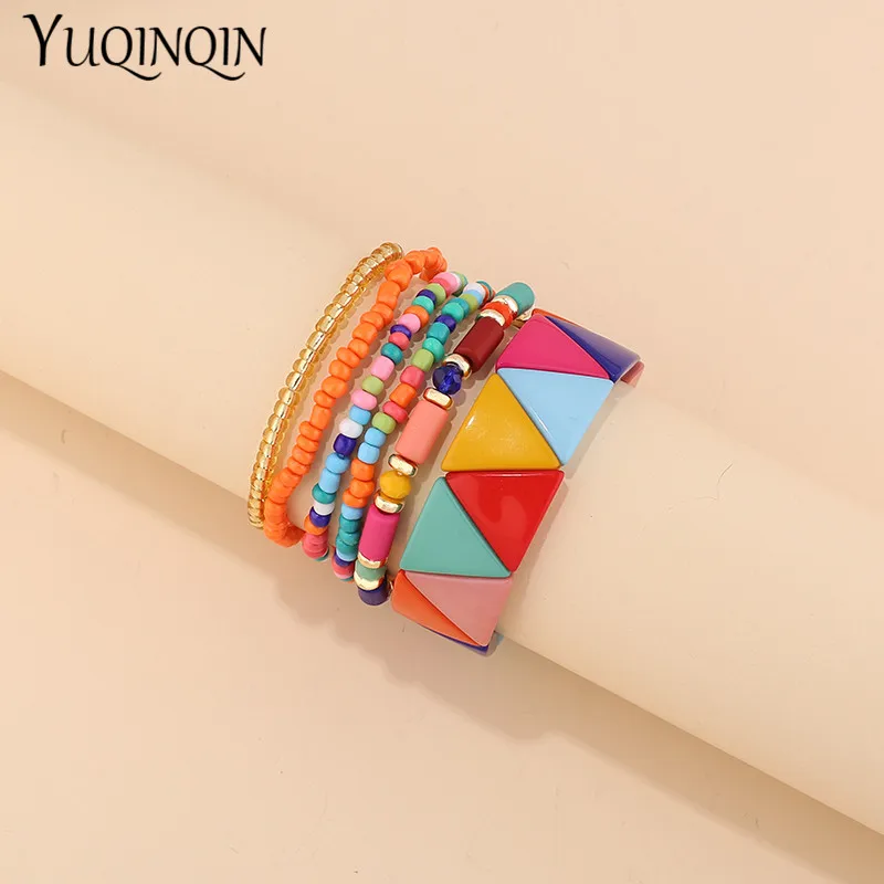 Beaded bracelet acrylic bohemian set for women men multi-layer seed beads chain bangles charm jewelry
