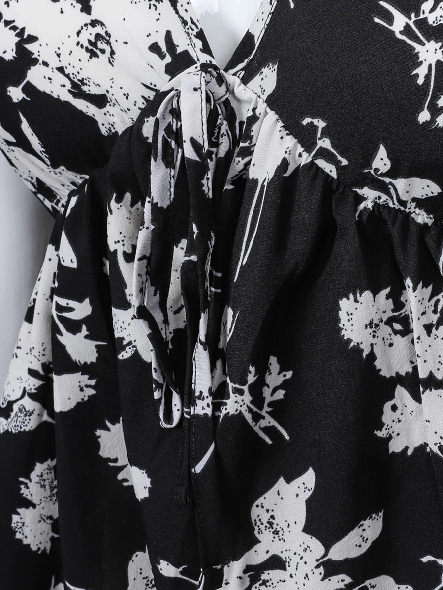 Finjani Plus Size Women's Clothing Ruched Puff Sleeve Tee V-neck Black And White Print Short-sleeved Top