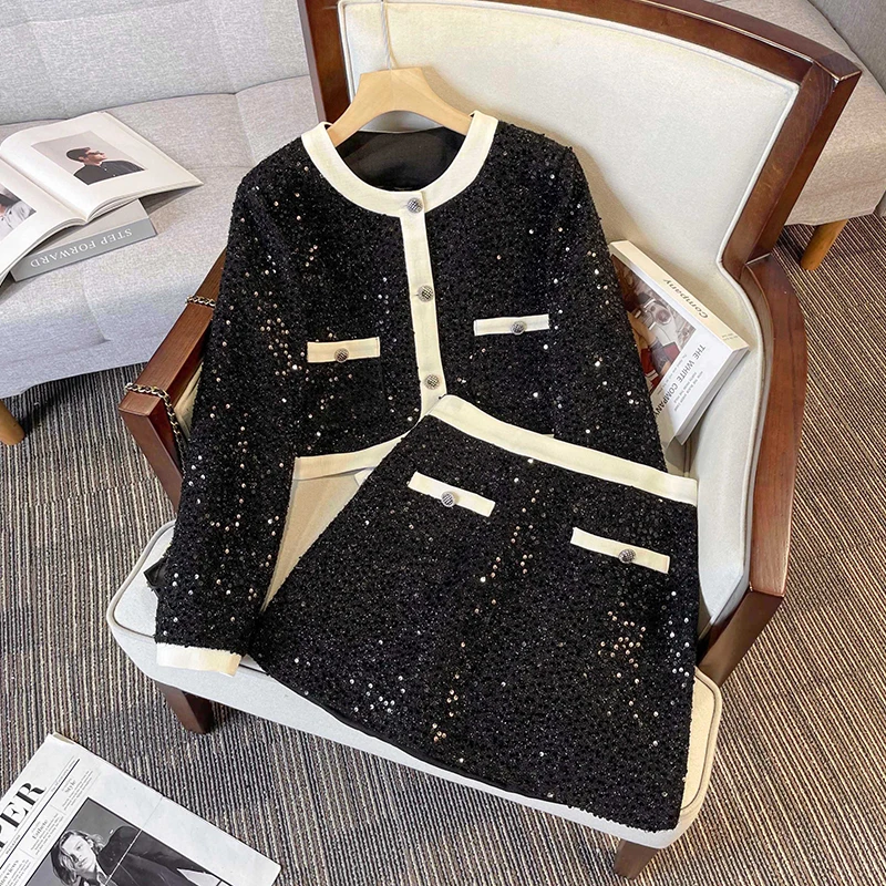 

Spring Autumn Fashion Design Small Fragrance 2 Piece Sets Women Outfit Long Sleeve Short Jacket Coat + A-Line Mini Skirt Suits