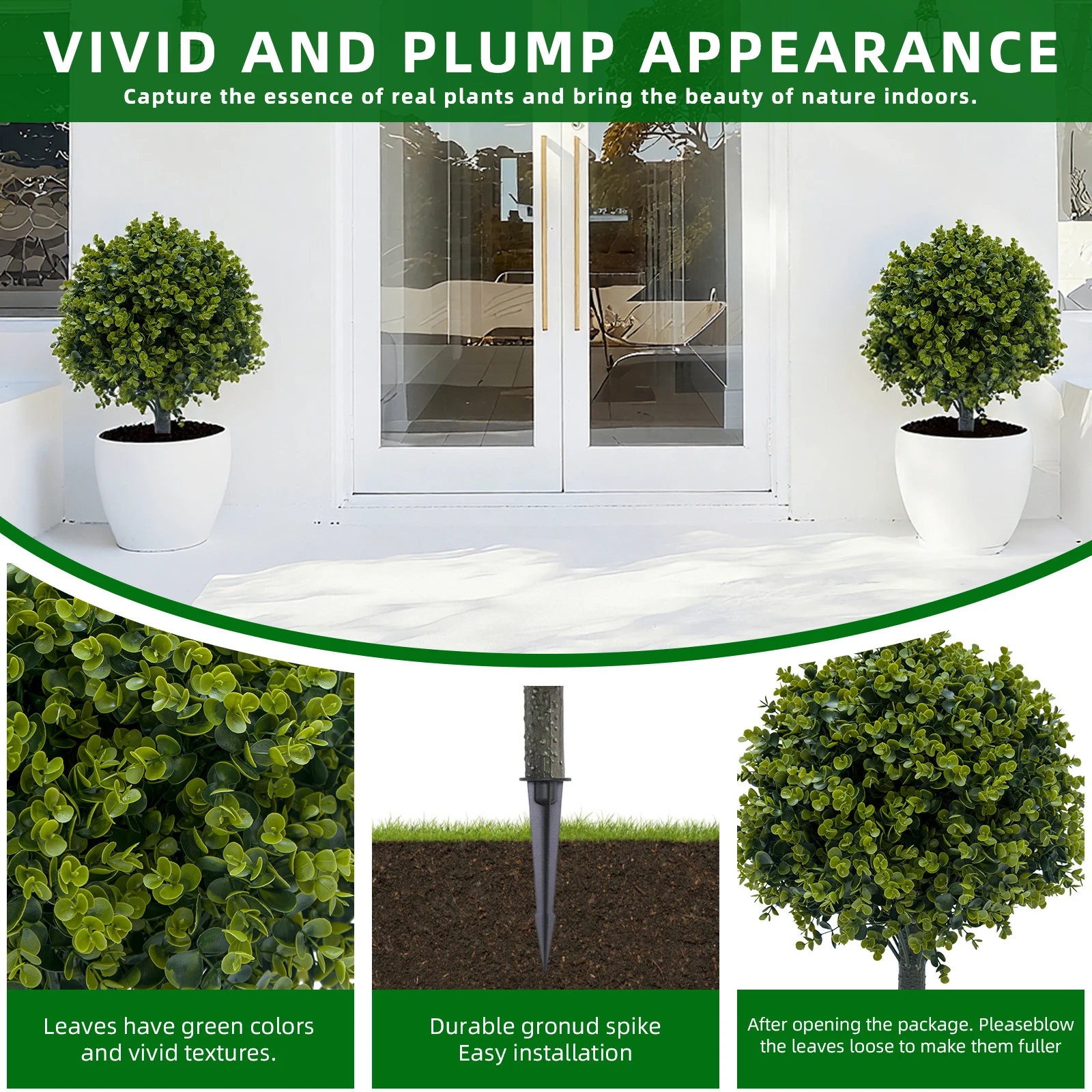 2 Stück 60 cm künstlicher Topiary-Kugelbaum mit Erdspieß, UV-beständige gefälschte Strauchpflanze für Garten- und Heimbüro-Dekoration – Detail 10