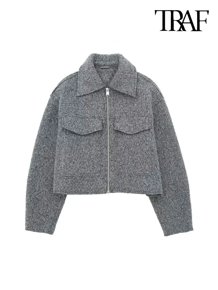 TRAF Women Fashion Patch Pockets With Flaps Cropped Jacket Coat Vintage Long Sleeve Front Zipper Female Outerwear Chic Tops 3