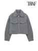 TRAF Women Fashion Patch Pockets With Flaps Cropped Jacket Coat Vintage Long Sleeve Front Zipper Female Outerwear Chic Tops 3