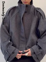 Mode court manteau en laine femmes col montant simple poitrine manches longues veste ample femme 2025 automne solide bureau dame vêtements d'extérieur 3