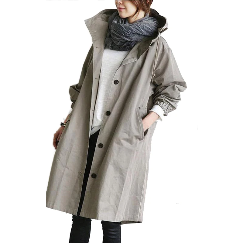 S-5XL Casual Women Long Hoodies Khaki Button Spring Autumn Pockets Coats Chic Ladies Trench Full Sleeve Jackets Thin Outwear Red
