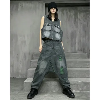 Trendy Cool Vintage Multi-pocket Hooded Short Vest + Ripped Baggy Pants Two-piece Set Women Loose Outfit Summer ZF2049 1