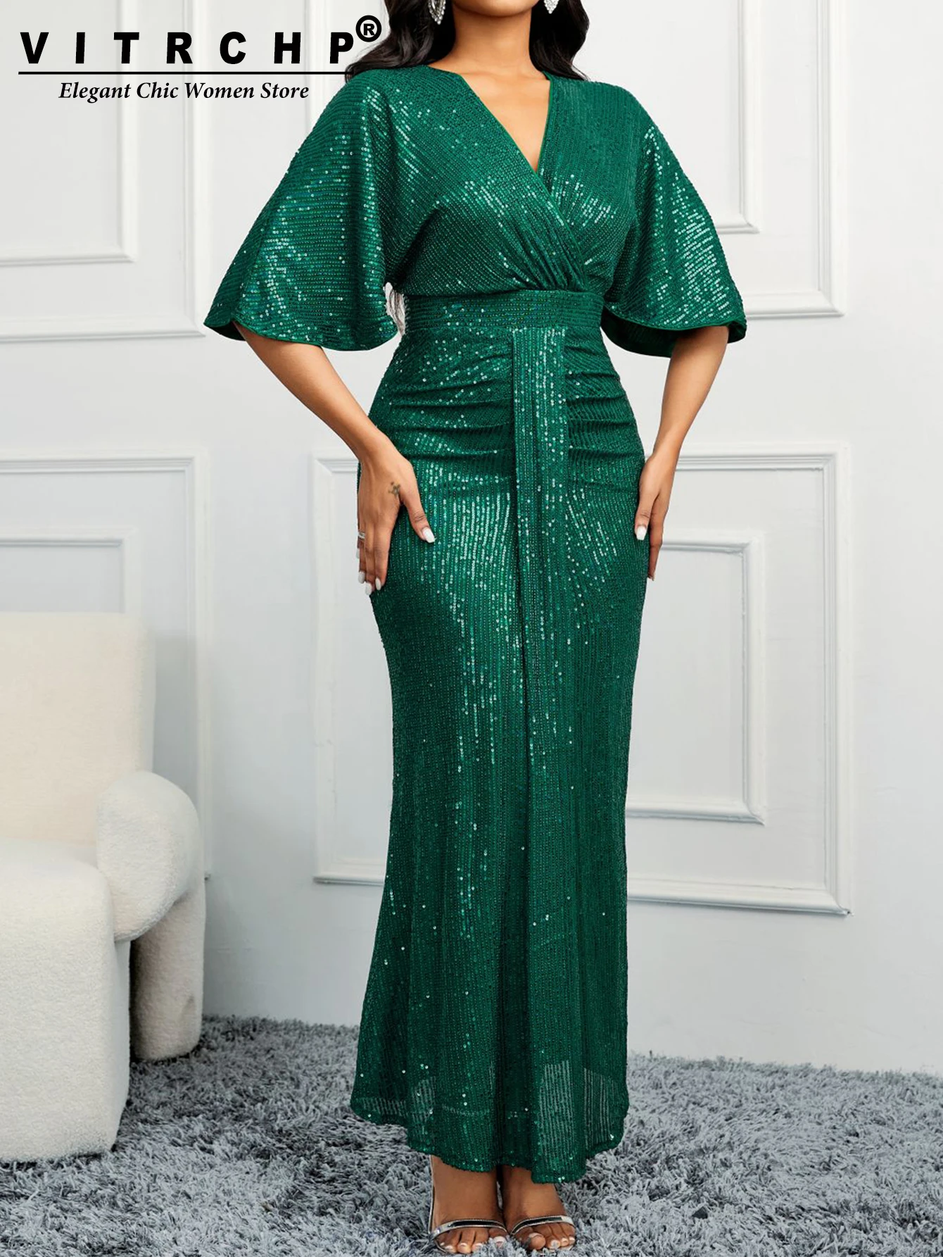 VITRCHP Batwing Sleeved Evening Dresses Mermaid Sexy V Neck Gown Prom Glitter Elegant Short Sleeves Long Party Dress evening dresses