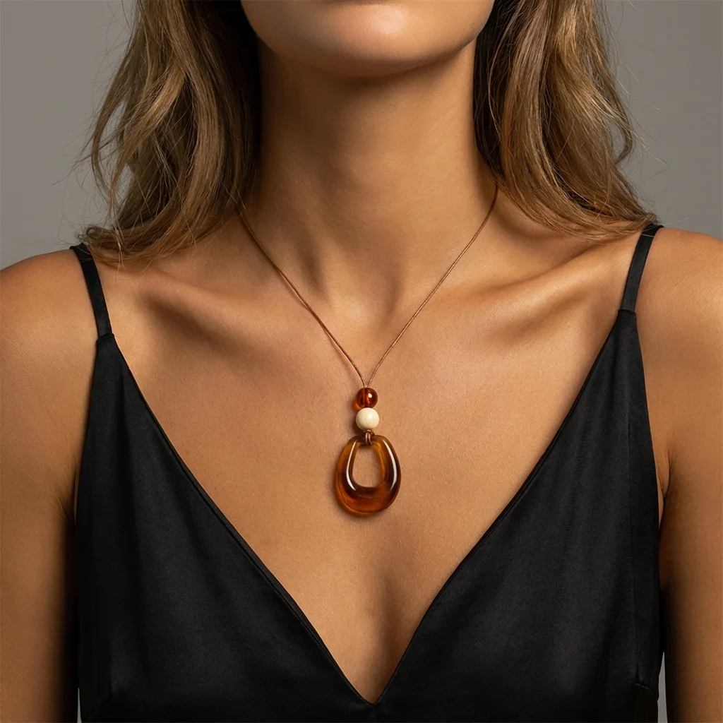 Vintage Bernsteinfarbene Harz-Anhänger-Halskette für Damen, minimalistische geometrische lange Pulloverkette, 2026 Mode, künstlerischer Schmuck, Geschenk
