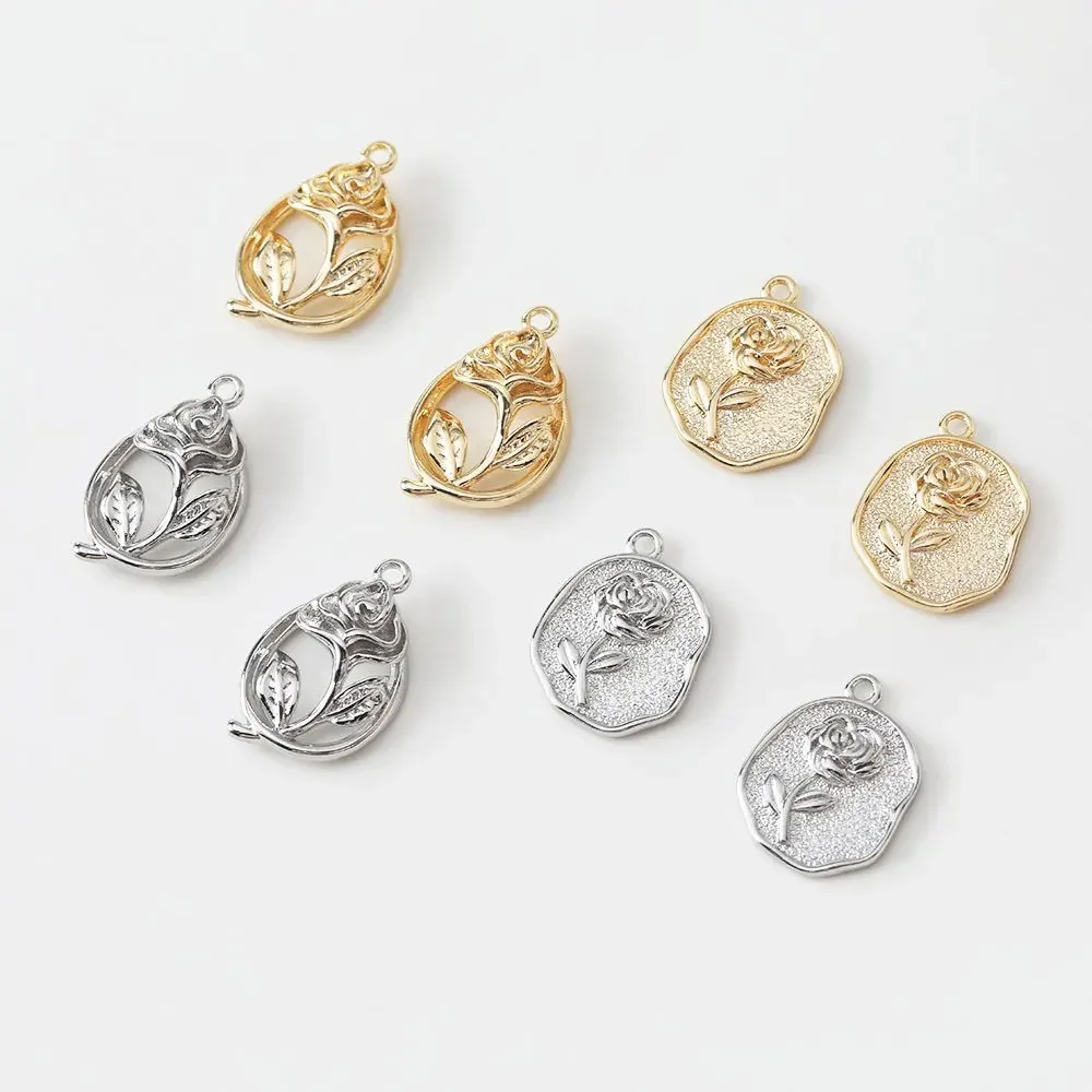 4PCS 14k Gold Plated Flower Rose Pendant Charms for Jewelry Making Necklace Pendant DIY Hand Made Brass Accessories