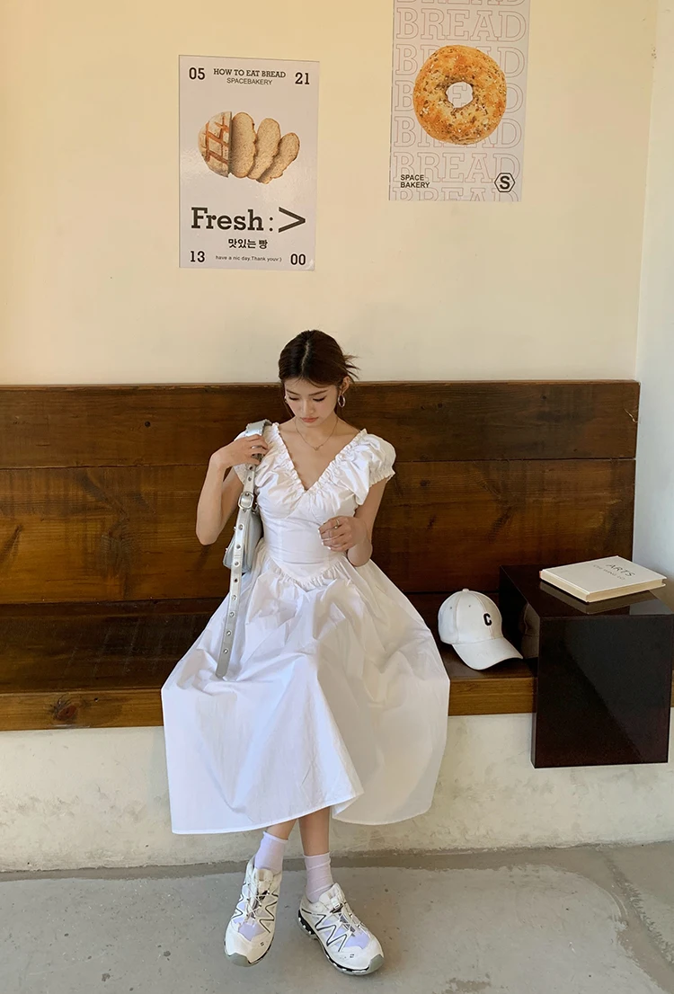 Casual Solid Midi Dresses for Women Korean Chic V-neck Backless High Waist Puff Sleeve A-line Party Dress Summer Vestidos Mujer