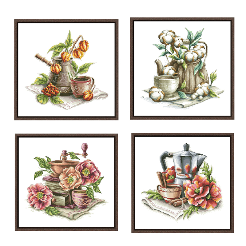 Coffee and lantern flower cross stitch kits pattern 18ct 14ct 11ct unprint canvas cotton thread DIY embroidery kit craft set