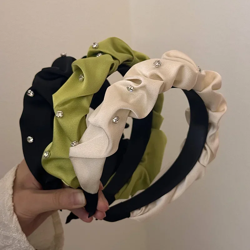 

Fabric hair accessories Premium wide edge headband Women's summer black ribbon pleated rhine-drill headband hair clip