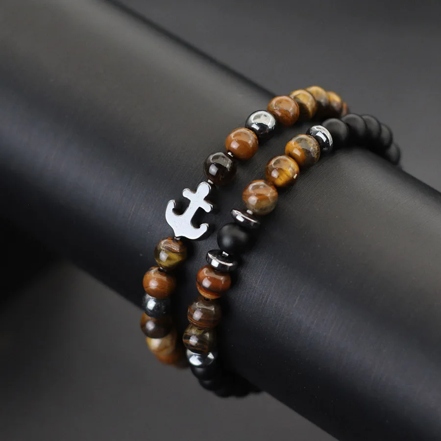 Natural Howlite Tiger Eyes Stone Anchor Bracelet For Men