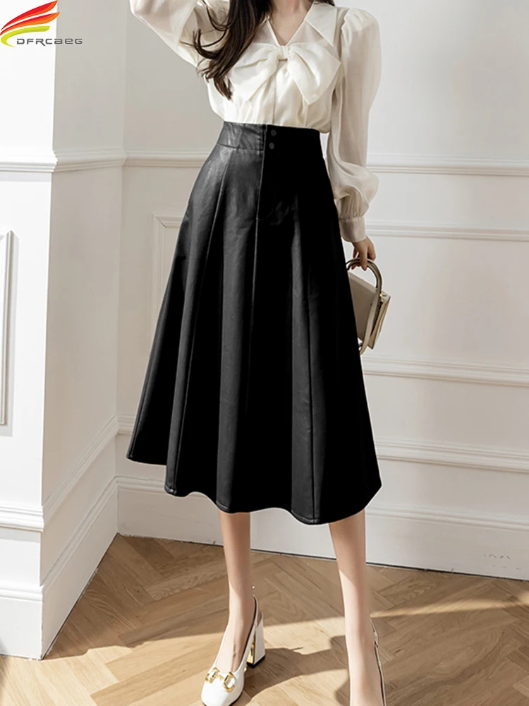 

DFRCAEG Long Leather Skirt For Women 2022 Autumn Winter New Arrivals High Elastic Waist Buttons Up Korean Fashion A Line Skirts