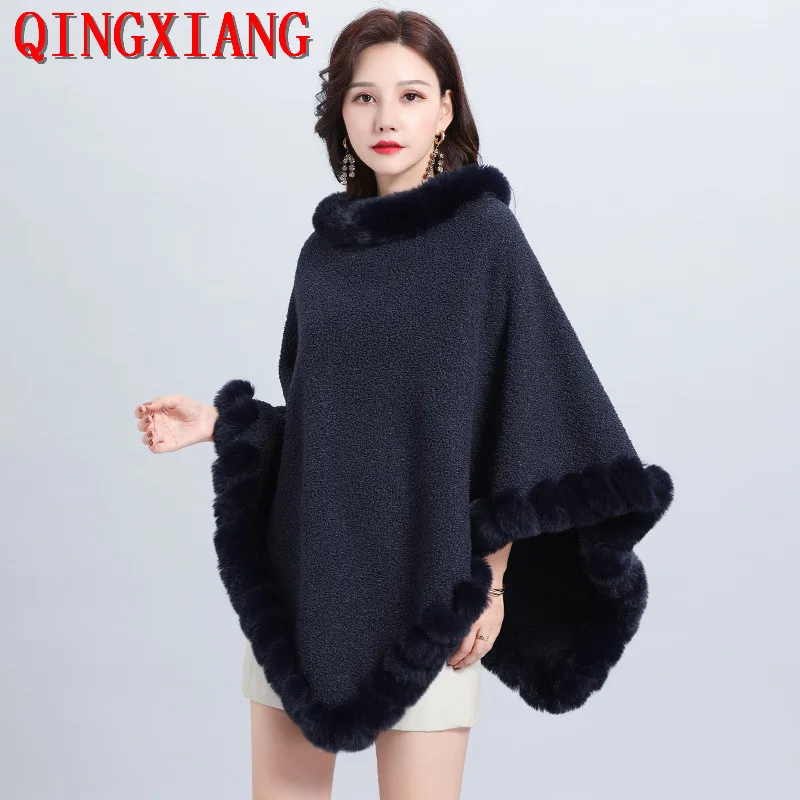 6 Colors Navy Blue Granular Velvet Warm Pullover Cloak Winter Faux Rabbit Fur Streetwear Women Capes Poncho O Neck Loose Coat