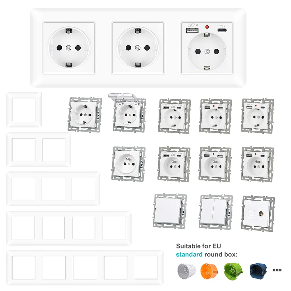 SRAN PC แผงสวิตช์ไฟ EU ภาษาฝรั่งเศสคําปลั๊กไฟฟ้าปลั๊กผนัง USB TV rj45 ซ็อกเก็ตโมดูล F1 Series DIY สีขาว 1